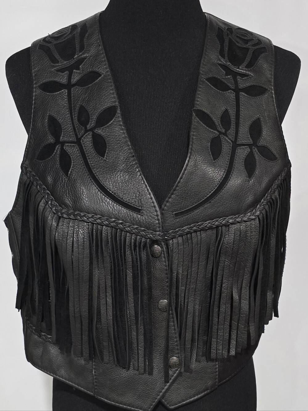 Vintage Fashions by Rose Leather Fringe Vest Womens L Rose Cutout Bikercore USA